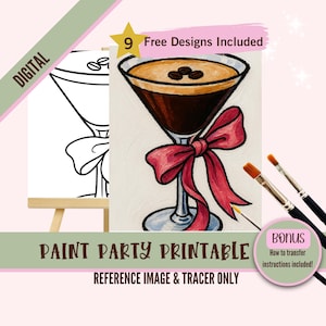 Puede incluir: Una descarga digital para una fiesta de pintura imprimible con un vaso de martini con un lazo rosa y granos de café. La imagen incluye una imagen de referencia y un trazador.