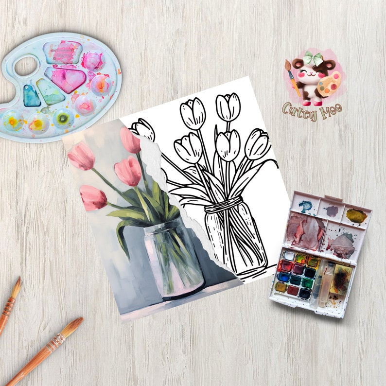 May include: A watercolor painting of pink tulips in a clear glass vase, next to a black and white line drawing of the same scene. A watercolor palette and paintbrushes are also visible.