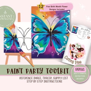 Fiesta de pintura DIY de mariposas para adultos y niños /Pre-Dibujado / Kit de pintura de fiesta de arte / Sip & Paint / Archivo de descarga digital, kit de herramientas de fiesta de pintura