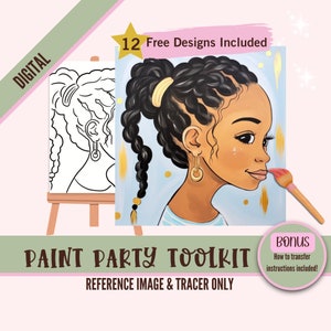 Black Girl With Braids Art Painting Party PNG, DIY Pre-Drawn Canvas Stencil Kit, Perfect for Black Girl Coloring and Paint and Sip Parties