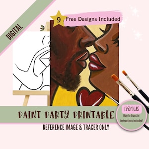 Schwarzes Paar Sip und Paint Party Kit Leinwand, Vorgezeichnete Vorlage für DIY Kunst Parties, druckbare Schablone, Paint Night Png Umriss, Digital