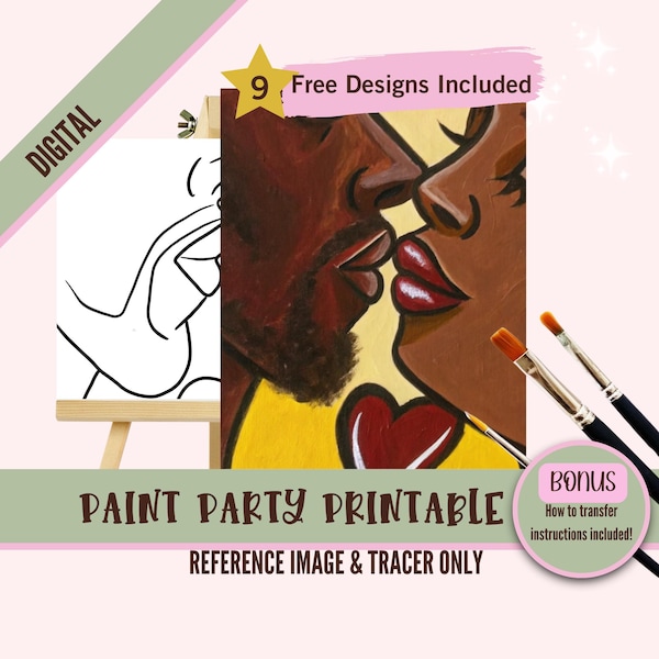 Svart par smutta och måla festkit på canvas, förritad mall för DIY-konstfester, utskrivbar stencil, målarkväll png-kontur, digital