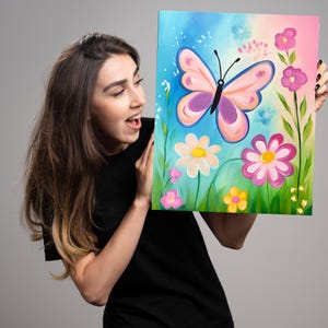 May include: A painting of a pink butterfly with purple accents flying over a field of flowers. The flowers are pink, white, and yellow. The background is a blue and pink gradient.