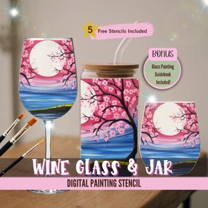 Fiesta de pintura de copa de vino y tarro de flor de cerezo, plantillas predibujadas, kit de pintura de bricolaje, sorbo y pintura, arte nocturno de cita, descarga digital floral