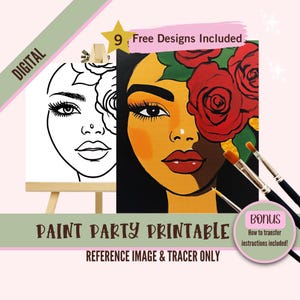 Op de afbeelding: Digitaal printbaar ontwerp voor een verfparty met het gezicht van een vrouw met rode rozen die één oog bedekken. Het ontwerp bevat een referentiebeeld en een tracer om te schilderen.
