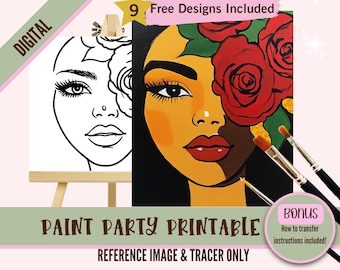 Sip and Paint Downloadable Stencil Art, DIY Acrylic Painting Party Image Transfers, Paint Night Canvas Digital Download, Flower Girl