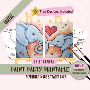 Plantilla de pintura de amor de elefante, mamá y bebé beben y pintan, plantilla de arte DIY, elefante de corazón trazable, divertida fiesta de pintura imprimible, digital