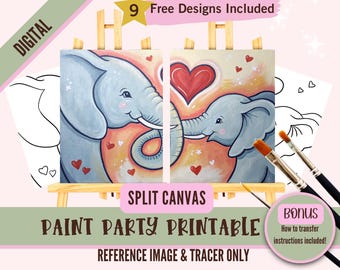 Pode incluir: Um download digital para uma festa de pintura em tela dividida com dois elefantes com um coração entre eles. A imagem inclui uma imagem de referência e um traçador. O texto "SPLIT CANVAS PAINT PARTY PRINTABLE REFERENCE IMAGE & TRACER ONLY" está na parte inferior da imagem. O texto "9 Free Designs Included" está na parte superior da imagem. O texto "BONUS How to transfer instructions included!" está em uma caixa rosa na parte inferior direita da imagem.