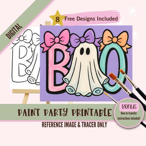 Puede incluir: Un imprimible digital para una fiesta de pintura con temática de Halloween con la palabra "BOO" y un diseño de fantasma con lazos. El diseño incluye una imagen de referencia y un trazador, con instrucciones de transferencia adicionales. La paleta de colores incluye rosa, morado, naranja y verde azulado.