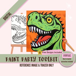 Diseño PNG de sublimación de fiesta para colorear de cumpleaños de dinosaurios, arte digital dino diy, plantilla de lienzo predibujada, perfecto para fiestas de pintura y sorbos