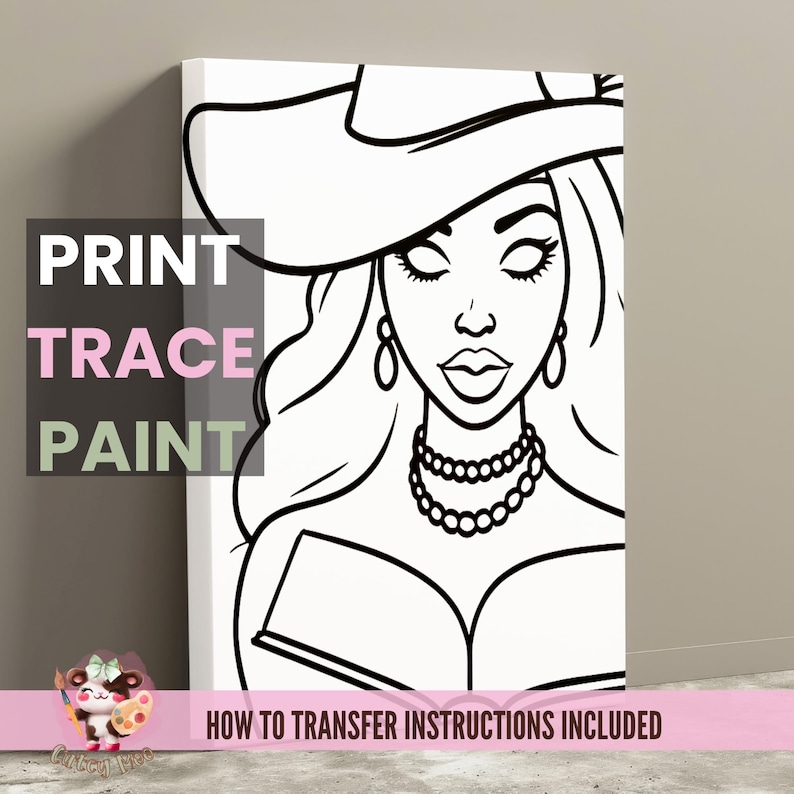 Pode incluir: Impress&atilde;o em preto e branco de arte de linha de uma mulher usando um chap&eacute;u e lendo um livro. O texto "PRINT TRACE PAINT" est&aacute; no canto inferior esquerdo da imagem. O texto "HOW TO TRANSFER INSTRUCTIONS INCLUDED" est&aacute; no canto inferior direito da imagem.