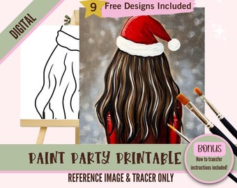 Christmas Paint Party Printable - Woman with Santa Hat Tracer Art - Festive Paint and Sip DIY Decor - Holiday Craft Kit for Adults, Digital