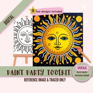 Puede incluir: Kit de pintura digital para fiestas con un dibujo en blanco y negro de un sol con cara y una versión coloreada del mismo sol con cara azul y fondo amarillo. El texto "PAINT PARTY TOOLKIT" y "REFERENCE IMAGE & TRACER ONLY" está en la parte inferior de la imagen. El texto "8 free designs included" está en la parte superior de la imagen. El texto "BONUS How to transfer instructions included!" está en un cuadro rosa en la parte inferior derecha de la imagen.