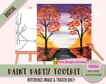 May include: Digital paint party toolkit with a reference image of a painting of two trees with orange and red leaves, a stream, and a purple sky. The image includes a black and white tracer image of the painting.