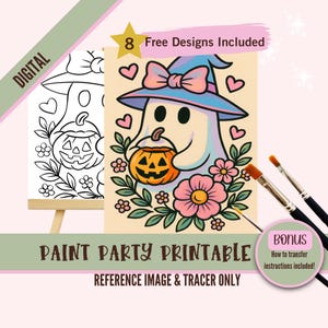 May include: A digital Paint Party Printable with a ghost character holding a pumpkin, surrounded by flowers and hearts. The image includes the text "8 Free Designs Included" and "Bonus: How to transfer instructions included!"