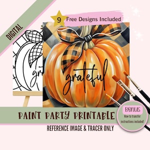 Imprimibles de fiesta de pintura de bricolaje para otoño, lienzo de kit de fiesta de sorbo y pintura, plantilla de calabaza a cuadros predibujada para fiestas de arte de bricolaje, plantilla imprimible