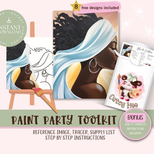 Diy Paint Party Printable Toolkit For Parties, Girls Night Out, Birthday, Bridal Shower, Bachelorette, Afro Woman Sip and Paint Party Kits