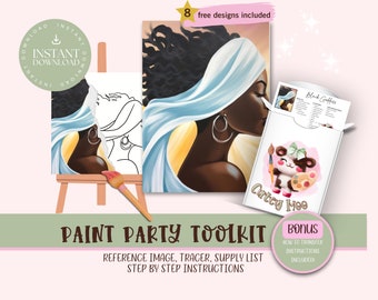 Diy Paint Party Printable Toolkit For Parties, Girls Night Out, Birthday, Bridal Shower, Bachelorette, Afro Woman Sip and Paint Party Kits