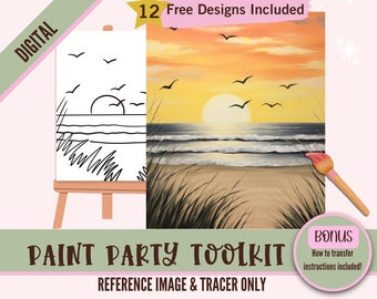 Sunset Beach Landscape Painting Party Printable, Sublimation Tracer - DIY Art, Pre-Drawn Canvas Stencil, PNG for Paint and Sip Parties