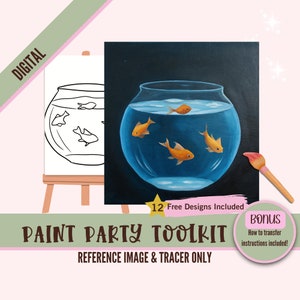Goldfish Bowl Paint Party Kit - Vorgezeichnete Leinwand, Farbe und Schluck für Erwachsene, digitale Kunst zum Downloaden, lustiges Tierhandwerk, einfaches DIY-Projekt