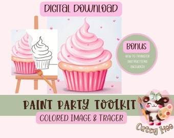 Birthday Diy Paint Party, Adult Painting, Pre-Drawn, Cupcake Paint Kit, Art Party Paint Kit, Sip & Paint, Digital Download File, PNG Outline