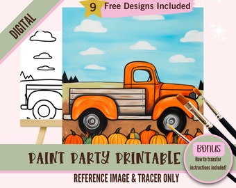 Fall Pumpkin Truck Painting Kit | Pre-Drawn Canvas for Adults | DIY Paint and Sip Party | Autumn Art Printable Template, Digital Download