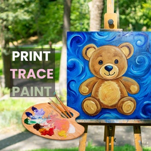 Digital Paint Party Toolkit featuring a teddy bear design. Includes a pre-drawn canvas tracer and instructions for an easy and fun paint and sip event. Perfect for adult craft parties and art enthusiasts.