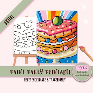 子供と大人のためのポップアートのあらかじめ描かれたキャンバスアートパーティー | 誕生日 DIY ペイントキット | PNG | 即時ダウンロード | DIY シップ アンド ペイント トレーサー | ケーキ