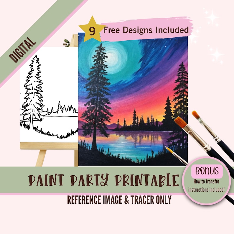 K&ouml;nnte beinhalten: Digitaler druckbarer Malparty-Referenzbild und -Tracer mit einer Silhouette eines Sees und B&auml;umen mit einem Regenbogenhimmel und Mond. 9 kostenlose Designs enthalten. Bonus-Anweisungen zum &Uuml;bertragen des Bildes sind ebenfalls enthalten.