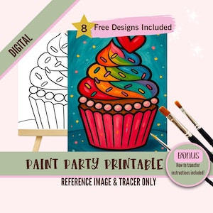 Regenboog cupcake verffeest afdrukbare tracer en kleurplaat | Zoete traktatiekunst | DIY-kit voor verjaardagen voor kinderen voor verf- en slokfeestjes