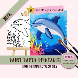 Könnte beinhalten: Digitaler druckbarer Malparty-Entwurf mit einem Delfin, der im Meer mit Korallen schwimmt. Enthält ein Referenzbild und eine Vorlage zum Malen.