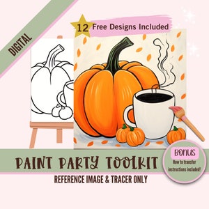 Fiesta de pintura de temporada de especias de calabaza imprimible, trazador PNG - arte digital diy, plantilla de lienzo predibujada, perfecto para fiestas de pintura y sorbos