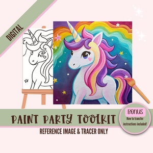 Puede incluir: Kit de pintura digital para fiestas con un dibujo de línea de un unicornio con una melena arcoíris y una versión coloreada del unicornio con una melena y cola arcoíris sobre un fondo azul oscuro con estrellas y un arcoíris.