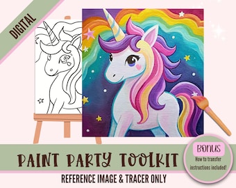 Rainbow Unicorn Digital Paint Party Printable | DIY Fantasy Painting Template with Tracer | Instant Download Art Kit for Adults and Kids