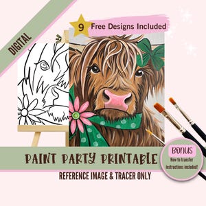 Kit de fiesta de pintura y bebida para el día de San Patricio, lienzo, plantilla prediseñada de vaca de las Tierras Altas para fiestas de arte DIY, plantilla imprimible, trazador de pintura nocturna