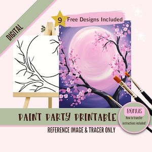 Sip and Paint Party Kit Leinwand, Vorgezeichnete Vorlage für DIY Art Parties, druckbare Schablone, Paint Night Png Outline, Kirschblüte