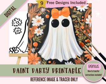 Autumn Fall Pumpkin Ghost Sip and Paint Party Kit Canvas, Pre drawn Template for DIY Art Parties, Printable Stencil, Paint Night Png Outline