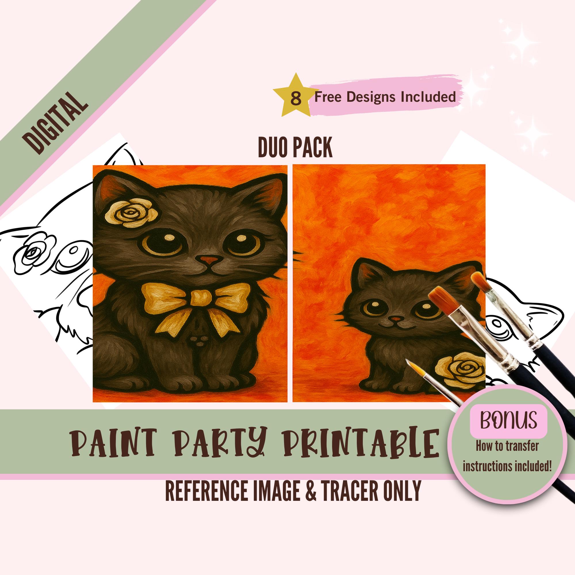 Mommy and Me Duo Art Painting Party PNG, Cute Cats DIY Pre-Drawn Canvas Stencil Kit, Perfect for Coloring and Paint and Sip Parties
