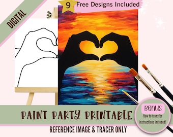 Valentines Day Adult Sip and Paint Date Night - Love Birds Printable Predrawn Paint On Canvas Templates - Perfect for Couples and Parties
