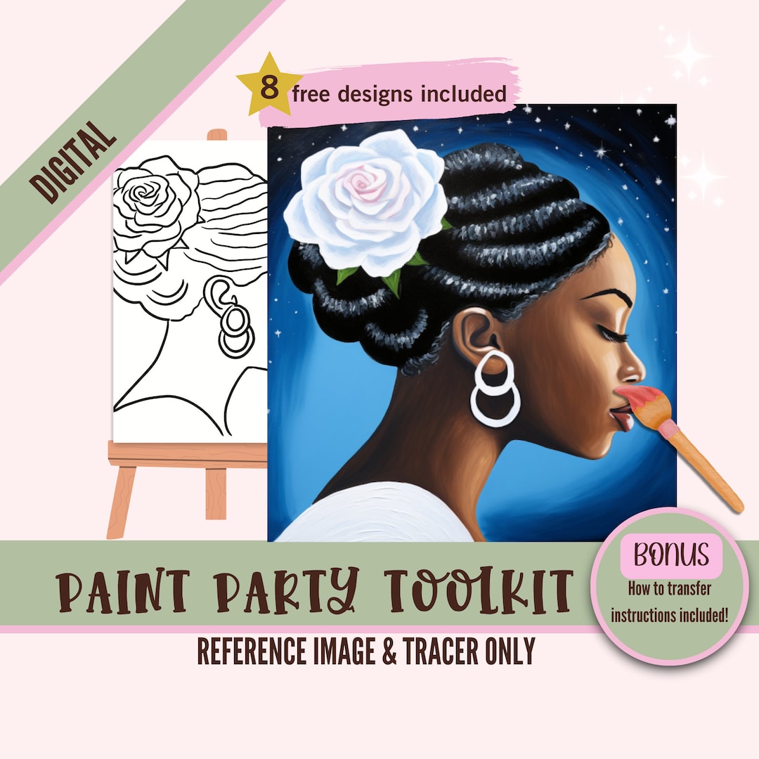 Sip and Paint Canvas Kit Pre Drawn African American Woman With Rose