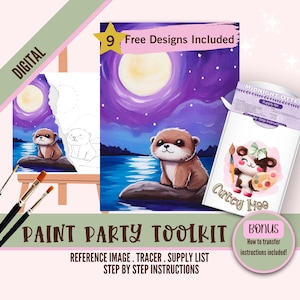 May include: Digital paint party toolkit featuring a cute otter under a full moon with a purple sky. The kit includes a reference image, tracer, supply list, and step-by-step instructions.  "Midnight Otter" and "Cutey Moo" are written on the image.