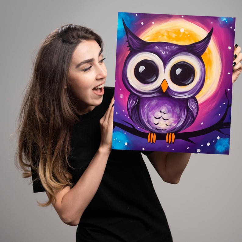 May include: A purple owl with large, round eyes is painted on a canvas with a yellow moon and a starry night sky background.
