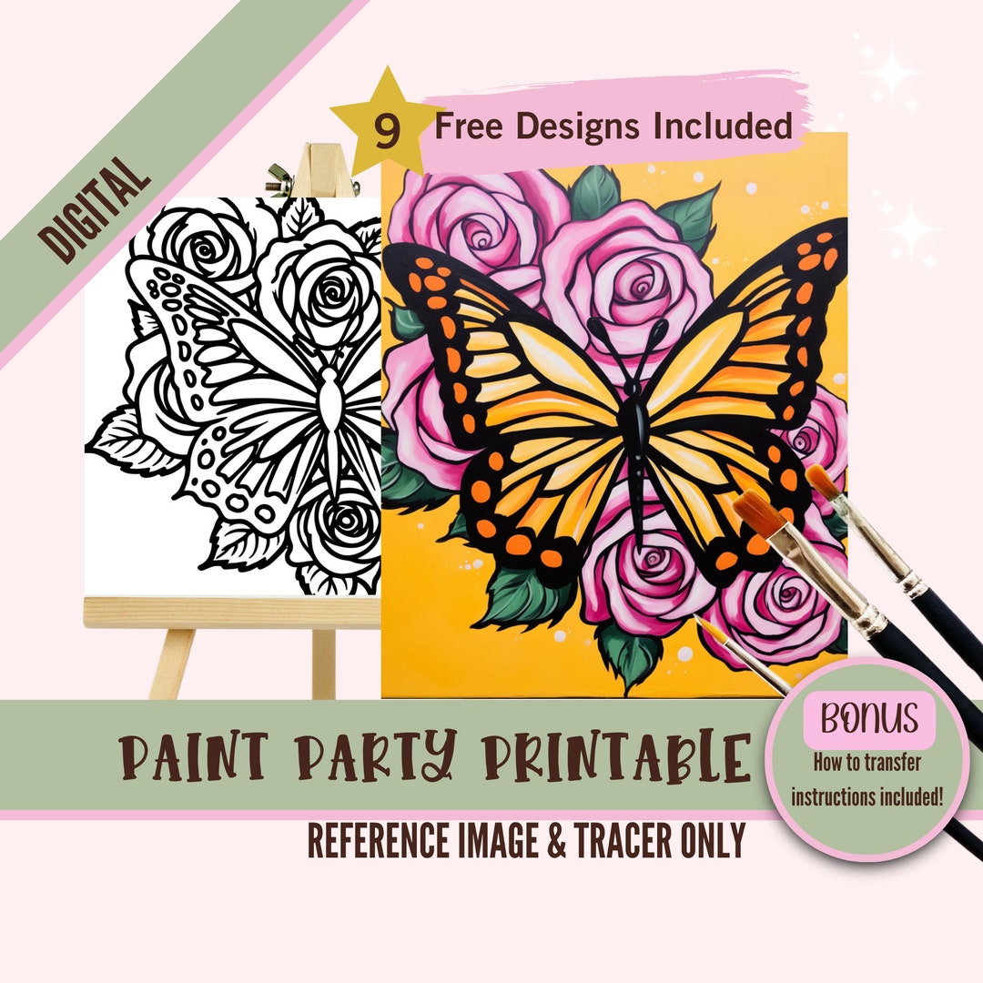 Butterfly and Roses Paint Party Printable Toolkit, Pre Drawn Canvas for ...