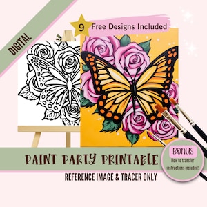 Kit de herramientas imprimible para fiesta de pintura de mariposas y rosas, lienzo predibujado para adultos, kit de pintura y sorbo, esquema de proyecto de arte de descarga digital DIY