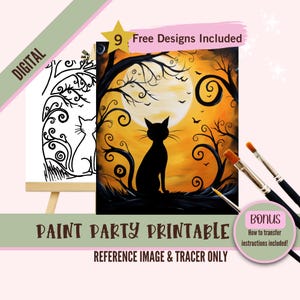 Impressions de peinture bricolage pour fête d'automne, kit de fête à siroter et peinture sur toile, modèle de chat prédessiné pour les fêtes d'art bricolage, pochoir imprimable