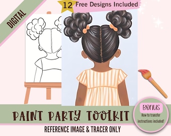Black Girl With Afro Art Painting Party PNG, DIY Pre-Drawn Canvas Stencil Kit, Perfect for Black Girl Coloring and Paint and Sip Parties