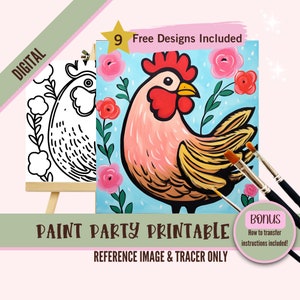 May include: Digital download of a paint party printable featuring a pink and yellow rooster with red comb and wattle, surrounded by pink flowers on a blue background. The printable includes a reference image and a tracer.