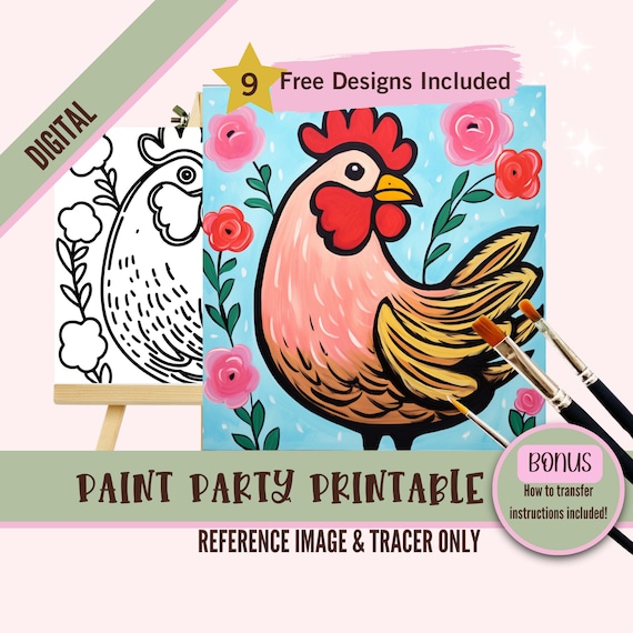Chicken Lady Paint Party Printable, Pre Drawn Canvas for Adults, Paint and Sip Kit, DIY Digital Download Art Project, Fun Farm Theme Outline