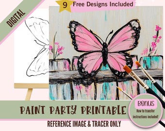 Summer Butterfly Sip and Paint Downloadable Stencil Art, DIY Acrylic Painting Party Image Transfers, Paint Night Canvas PNG Digital Download