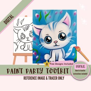 Digital paint party toolkit for adults featuring a cute kitten design. This pre-drawn canvas stencil is perfect for DIY art projects, paint and sip parties, home decor, and gifts. Ideal for crafters, paint party hosts